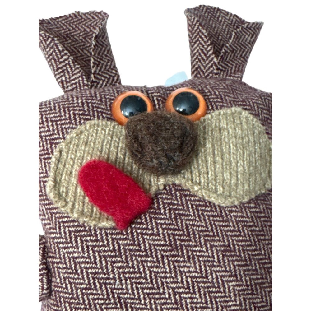 Handmade Dog Plush Toy Brown Herringbone Pattern & Button Eyes 8.5 in Vintage - Picture 5 of 9